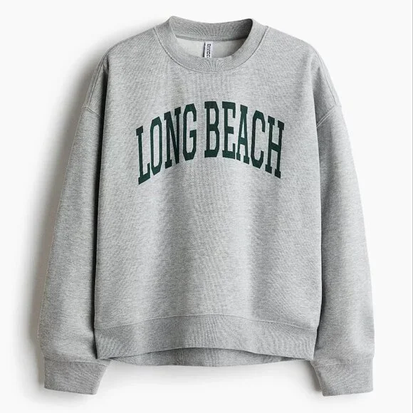 NEW H&M Sweatshirt with Printed Motif Long Beach Grey & Green Size Medium - Picture 1 of 11